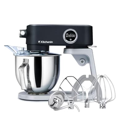 【アップグレード新型】Kitchenin スタンドミキサー ステンレス製アタッチメント 4点セット 多機能アタッチメント対応 タイマー機能付き パワフル 静音 8段階変速 卓上ミキサー 5L大容量 お手入れ簡単 ミキサー 業務用 家庭用 卓上型 ブラック