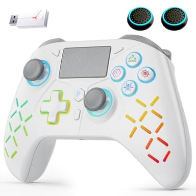 PS5 コントローラー 無線/有線接続 2.4Gレシーバー付き 16個の微動機械ボタン 14個のカスタムRGBライト 切り替え可能なホール効果 Turbo連射機能 6軸ジャイロセンサー 1000mAhバッテリー 3.5mmオーディオ アシストキャップ 2枚付き PS5/PS4/PS4Pro/PS3/Slim/PC/Steam/Switch/Android/iOSに対応 ゲームパッド