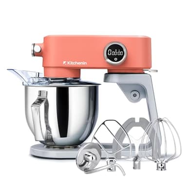 【2025年版アップグレード】Kitchenin スタンドミキサー ステンレス製アタッチメント 4点セット 多機能アタッチメント対応 タイマー機能付き パワフル 静音 8段階変速 卓上ミキサー 5L大容量 お手入れ簡単 ミキサー 業務用 家庭用 卓上型 オレンジ